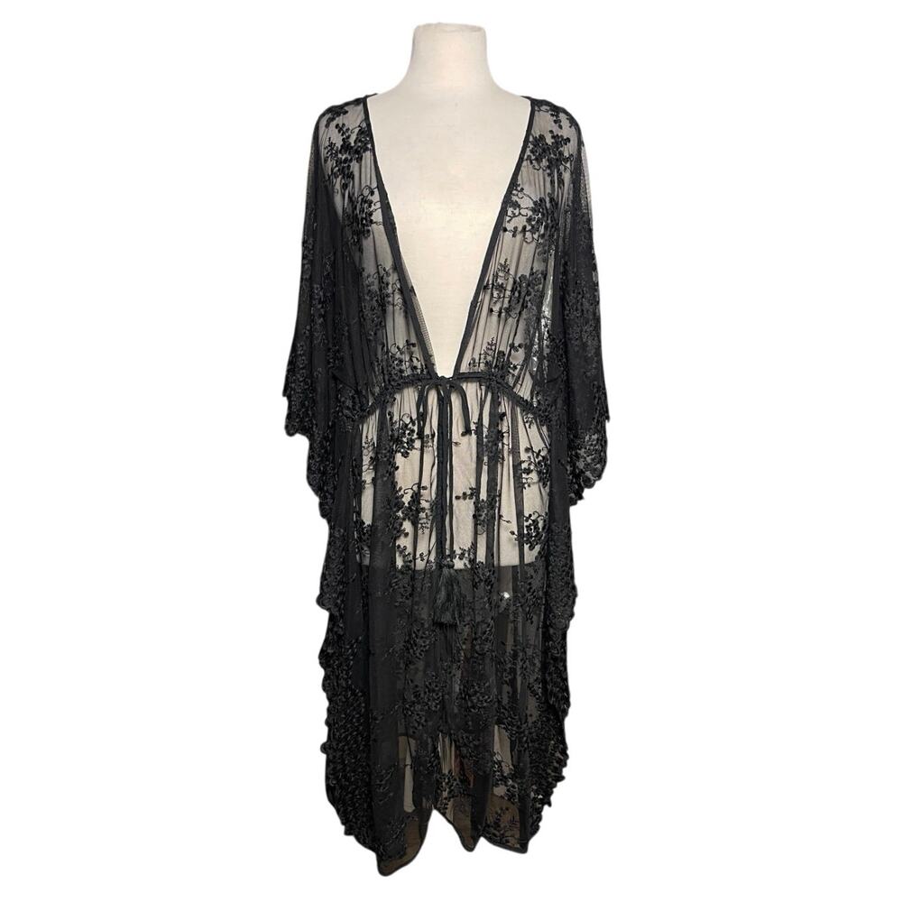 UMGEE + Women’s Boho Black Embroidered Lace Drawstring Kimono Coverup